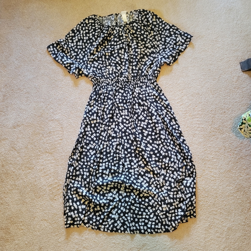 Black dress with white flowers.